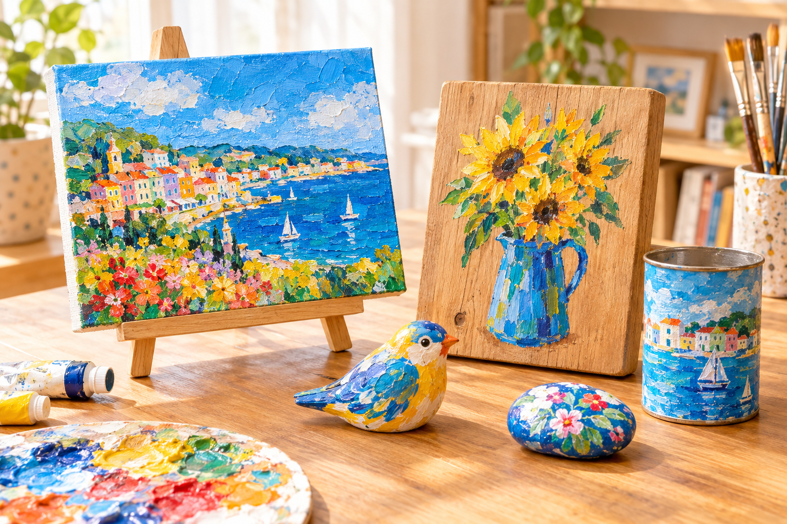 アクリル絵の具で描かれたキャンバス、木の板、小さな雑貨が机に並んでいる写真風の画像。カラフルで厚みのある塗り、明るい室内、温かい雰囲気