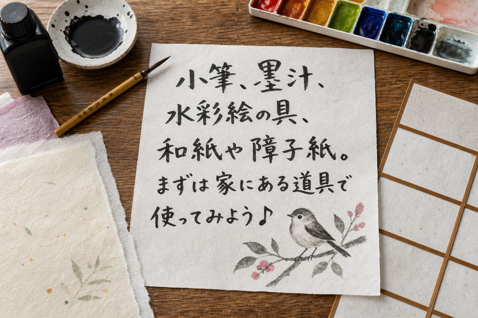 小筆、墨汁、水彩絵の具、和紙や障子紙。まずは家にある道具で使ってみよう♪