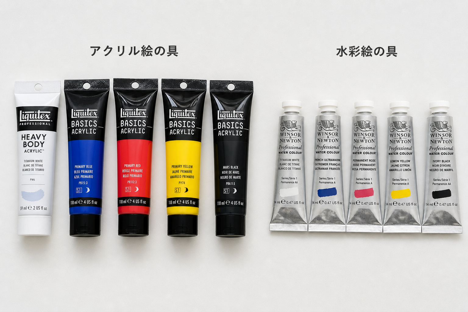 写真:アクリル絵の具と水彩絵の具のチューブを並べて撮影した比較写真を入れる