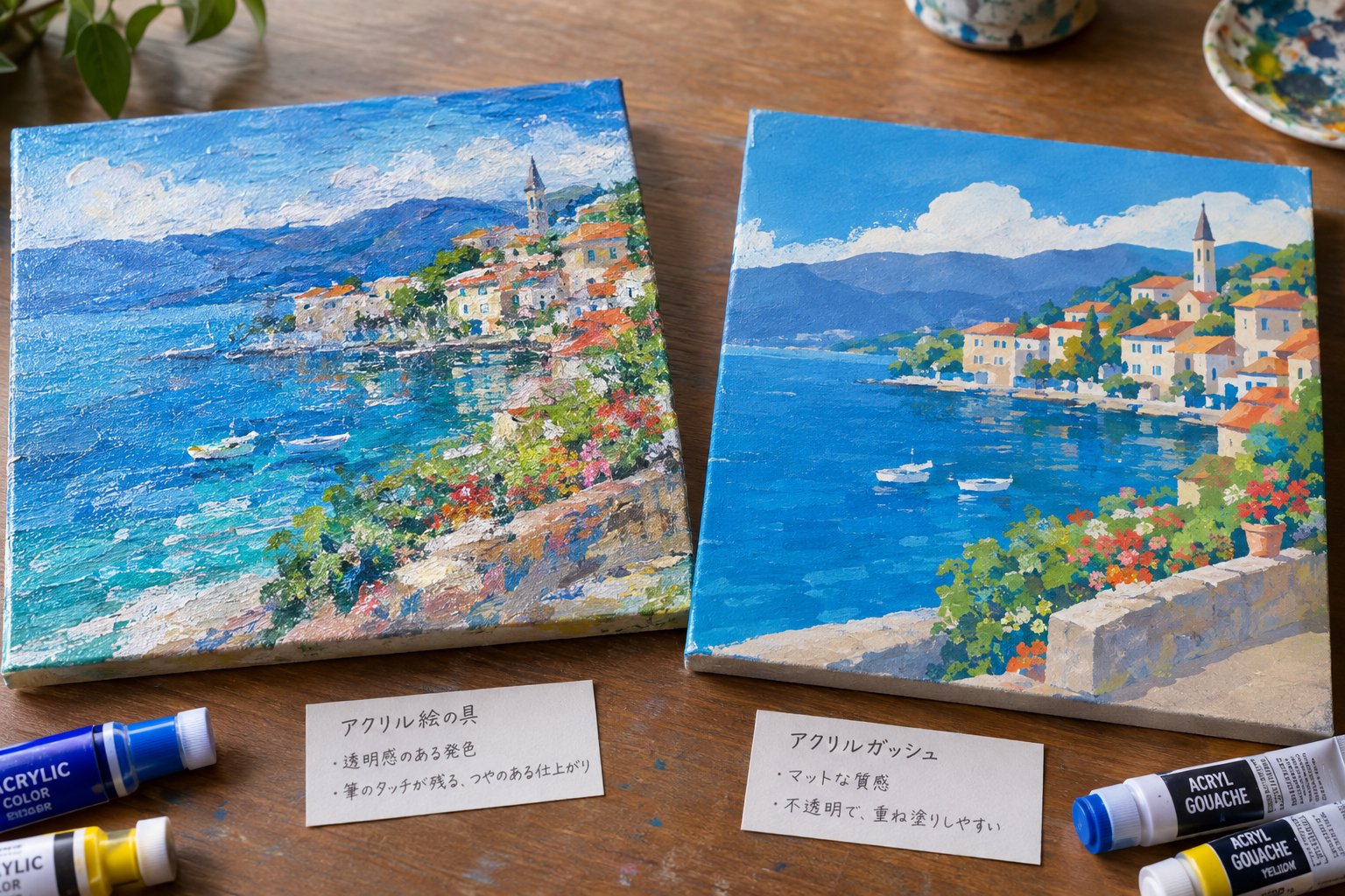 写真：ご自身の作品の中から、アクリル絵の具とアクリルガッシュそれぞれで描いた作品を並べた写真を入れる。質感の違いが伝わるアングルがおすすめです