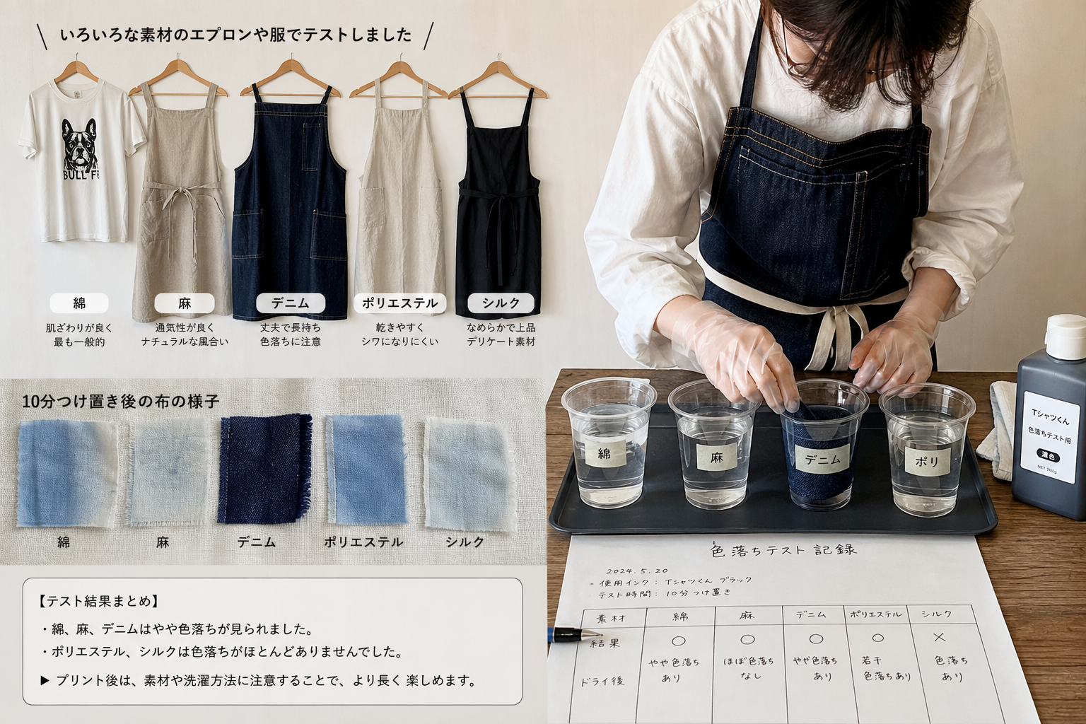写真：ご自身がお持ちのお洋服や制作用エプロンなど、素材の違いが分かる写真を入れる。実際に色落ちテストをしている様子があるとより説得力が増します