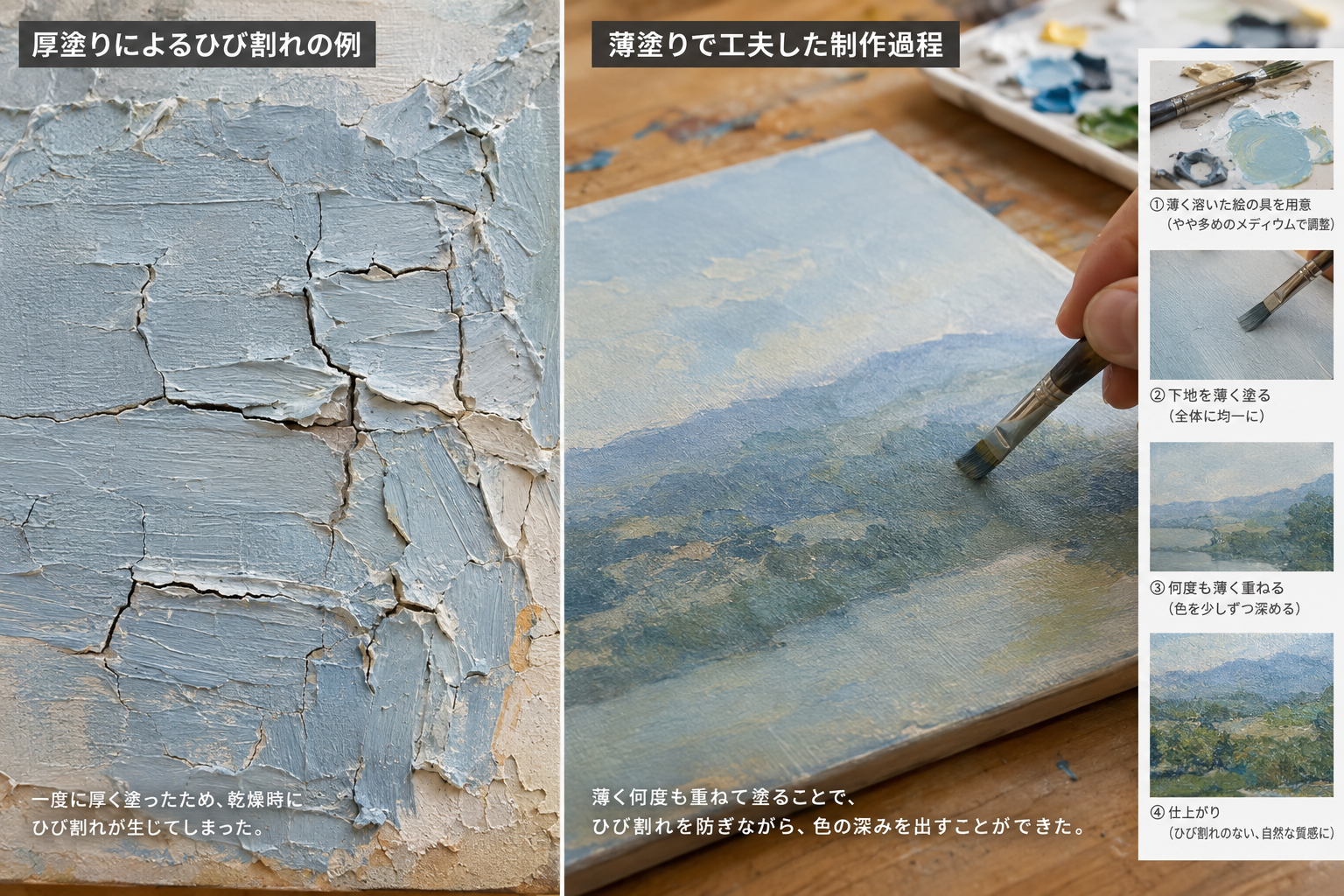 写真：厚塗りによるひび割れの実例写真、もしくはご自身が薄塗りで工夫している制作過程の写真があれば入れる