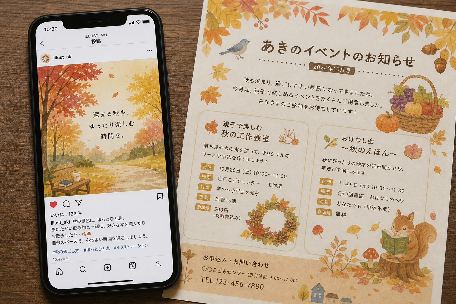 写真：ご自身が描いた秋イラストをSNS投稿やチラシ・お便りなどに実際に活用した画面や紙面の写真を入れる