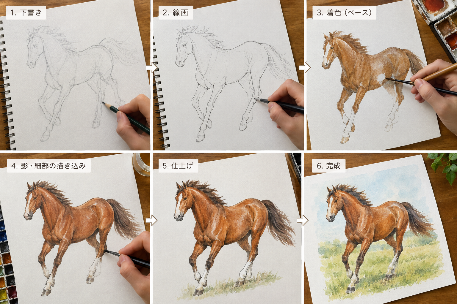 写真：ご自身が午イラストを描いている制作過程の写真、または下書きから完成までの手順がわかる写真を入れる