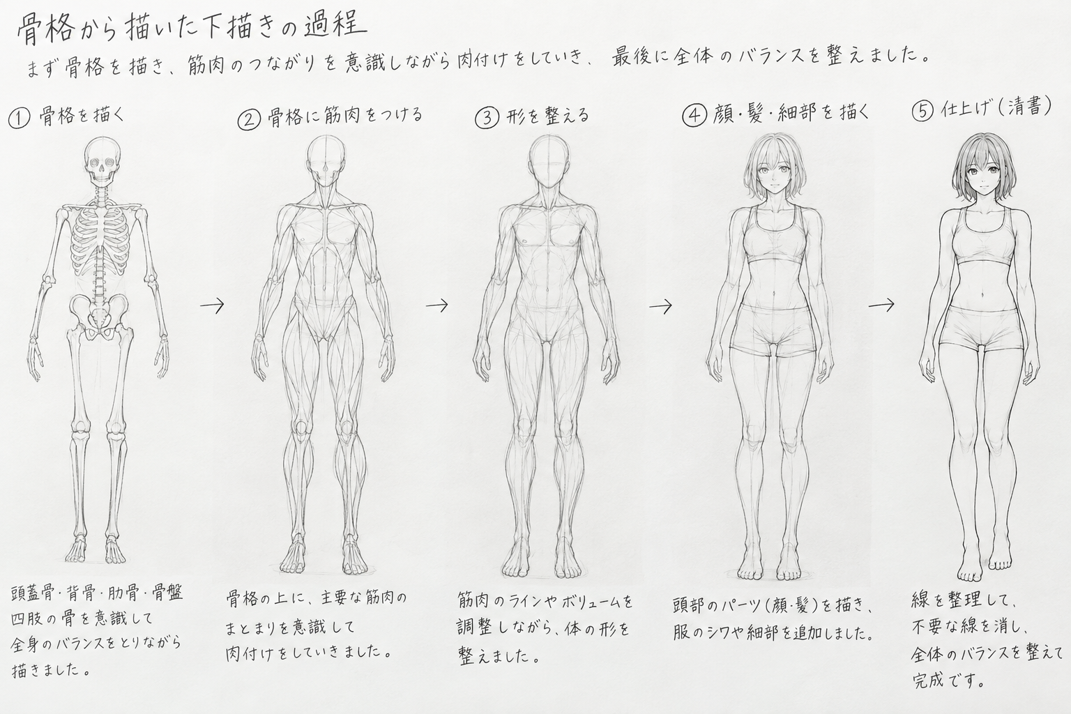 写真：ご自身が骨格から描いた過程が分かる下描き画像を入れる