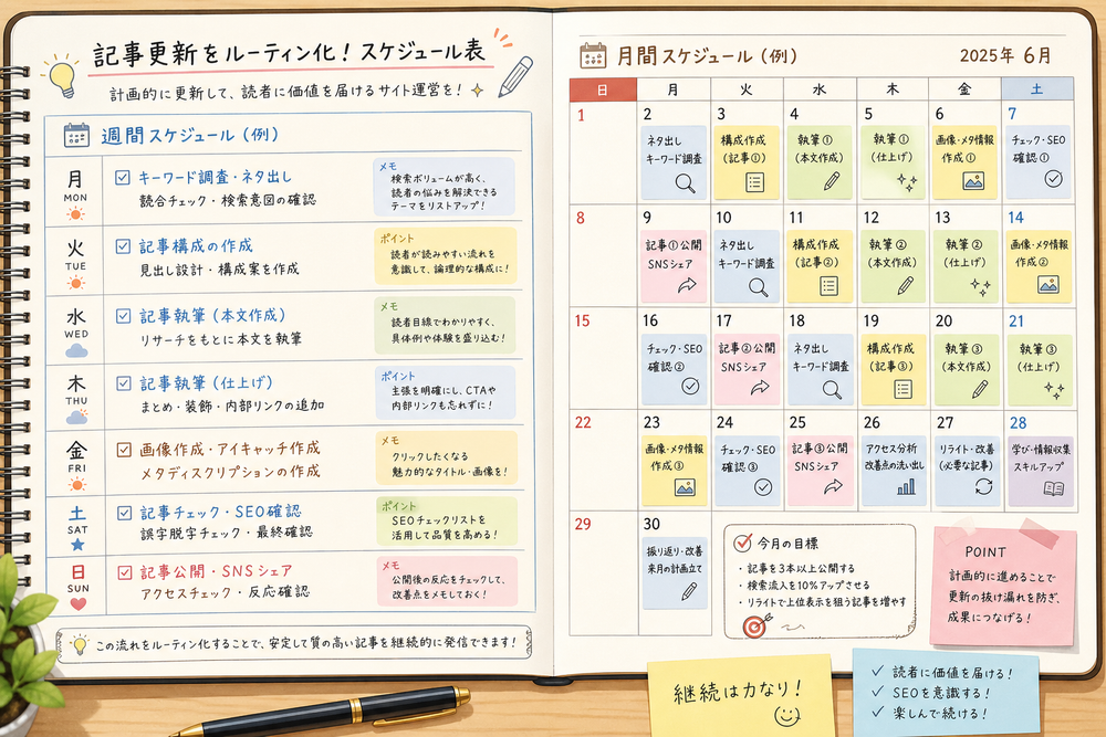 記事更新をルーティン化した週間・月間スケジュール表のイメージ。カレンダーや手帳風のレイアウトに更新タスクが書き込まれており、計画的に運用している様子が伝わるイラスト、日本語