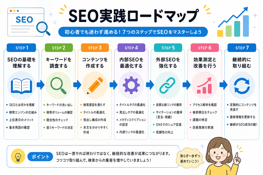 SEO実践ロードマップのフロー図。複数のステップを矢印で順につないだ縦または横方向の流れ図。初心者向けの分かりやすいデザイン
