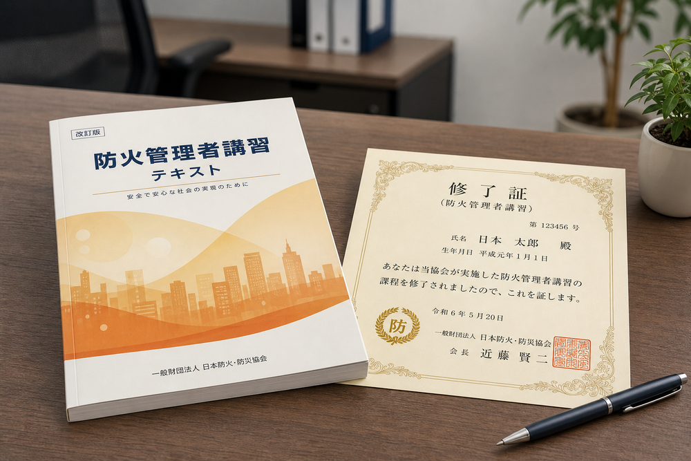 防火管理者講習で使用されるテキスト冊子と修了証（認定証）が机の上に置かれている静物イメージ。修了証には認定マークや印鑑風のデザインが入っている。落ち着いたオフィス風の背景。