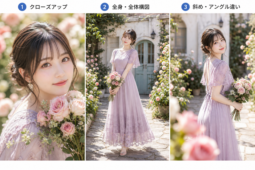 同じ人物や花などの主題を、構図だけ変えて生成した3枚の画像を横並びにした比較画像。1枚目はクローズアップ、2枚目は引きの全身・全体構図、3枚目は斜め・アングル違いの構図で、それぞれ番号ラベル付き