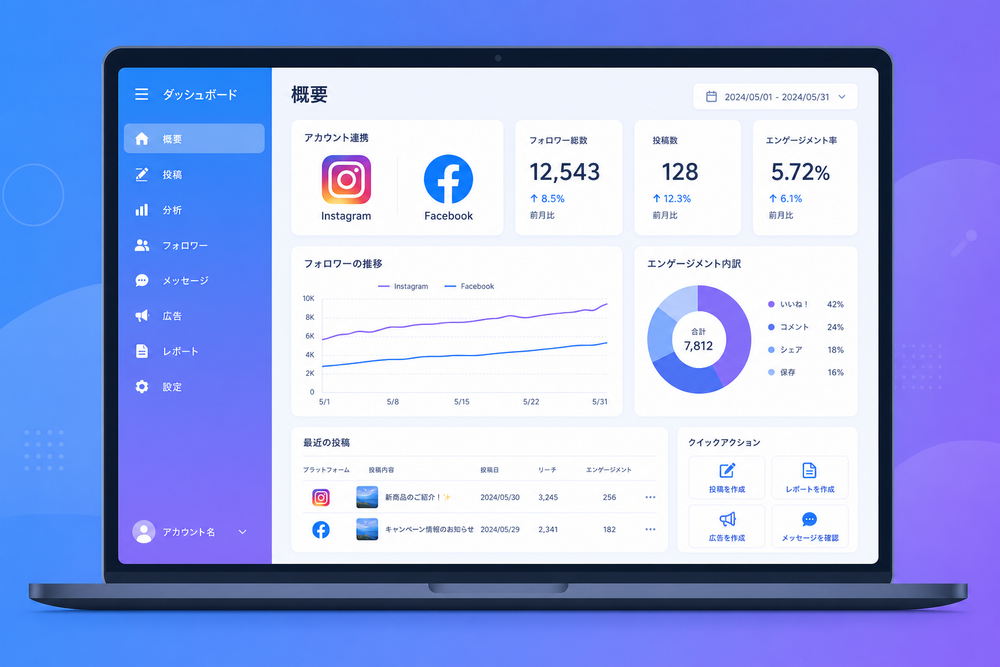 パソコン画面にダッシュボード風のUIを表示し、左側にInstagramのカメラアイコン、右側にFacebookのfアイコンが並んだ管理画面のイメージイラスト。青と紫のグラデーションを使ったシンプルなフラットデザイン