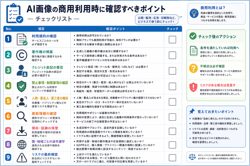 AI画像の商用利用時に確認すべきポイントを箇条書きでまとめたチェックリスト風の図解。利用規約・著作権・クレジット表記などの項目