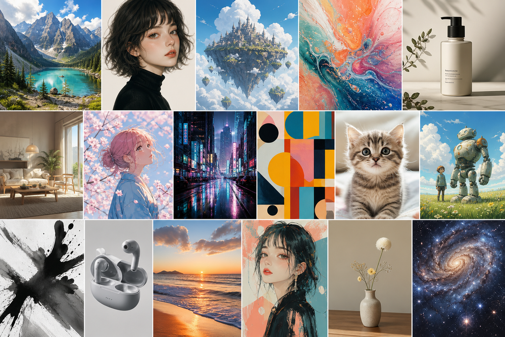 AIで生成されたと思われる多様なイラストや写真風画像のサンプルを複数並べたコラージュ風イメージ。風景画、人物イラスト、抽象アート、製品イメージなど異なるスタイルの画像が格子状に並んでいる様子。