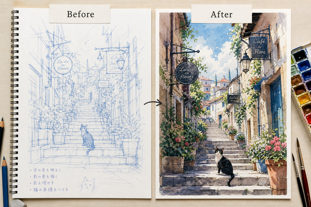 手作り作品やイラスト制作の過程を示すビフォーアフター画像。左側に制作途中のラフスケッチや未完成の作品、右側に完成した作品を並べたレイアウト、または机の上で創作活動をしている様子を上から撮影した写真風画像