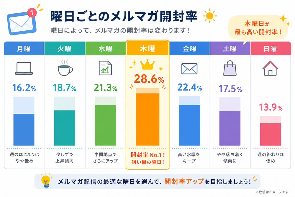曜日ごとのメルマガ開封率の違いをイメージした棒グラフ入りの週間カレンダー。月曜から日曜まで並び、開封率の高い曜日が強調された、明るくわかりやすいフラットデザインのイラスト