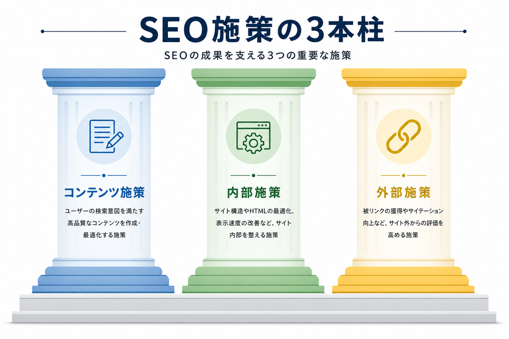 SEO施策の3本柱を示す図解。「コンテンツ施策」「内部施策」「外部施策」を3本の柱またはピラーとして並べたシンプルなインフォグラフィック
