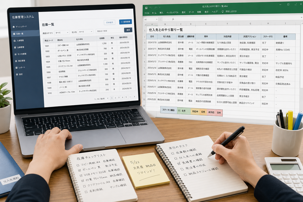 在庫管理システムの画面と、複数の仕入れ先とのやり取りを整理したExcel風の一覧表を並べたイメージ。パソコン画面に在庫数・商品名・仕入れ先名が表形式で表示され、手元にはメモやチェックリストがあるオフィスワークの様子。整理整頓された実務的な雰