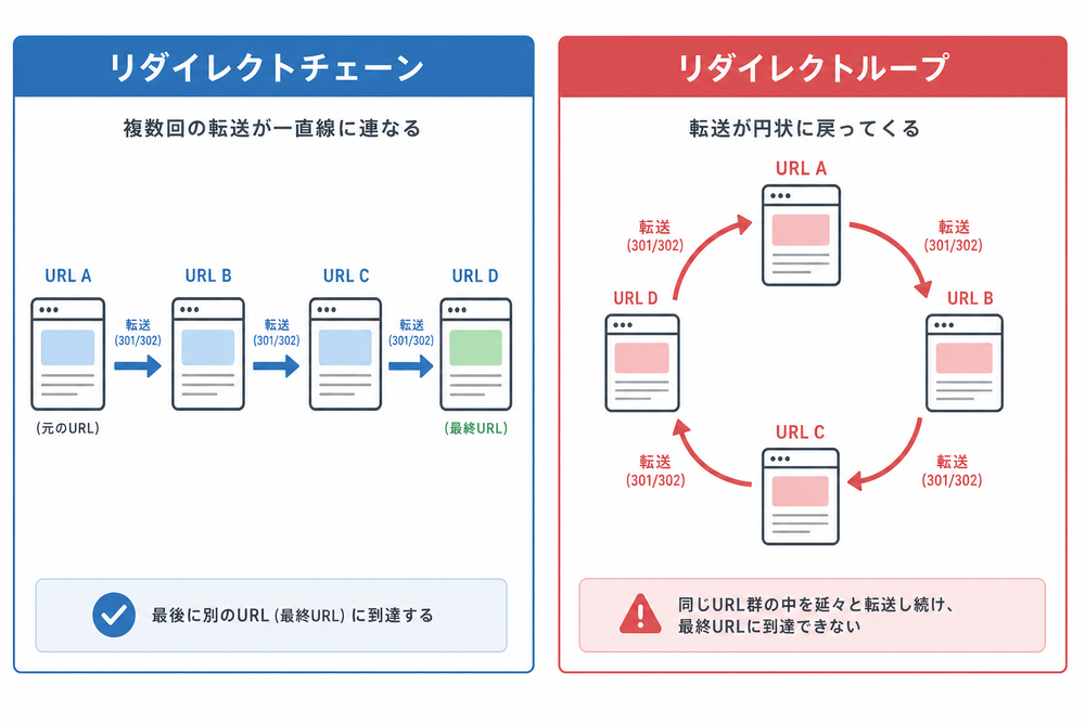 リダイレクトチェーン(複数回の転送が一直線に連なる図)とリダイレクトループ(転送が円状に戻ってくる図)を並べて比較したシンプルな図解イラスト。矢印とページアイコンを使ったフラットデザイン、分かりやすい対比構成