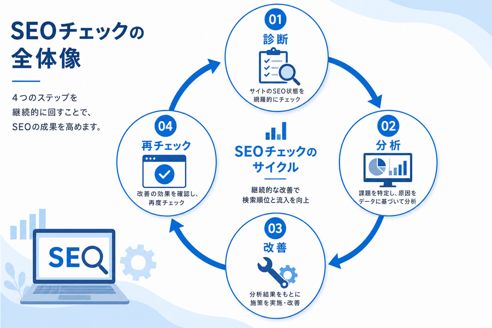 SEOチェックの全体像を示すシンプルな図解イラスト。診断→分析→改善→再チェックの4ステップが円環状に矢印でつながっているフローチャート。フラットデザイン、青と白を基調としたビジネス向けインフォグラフィック