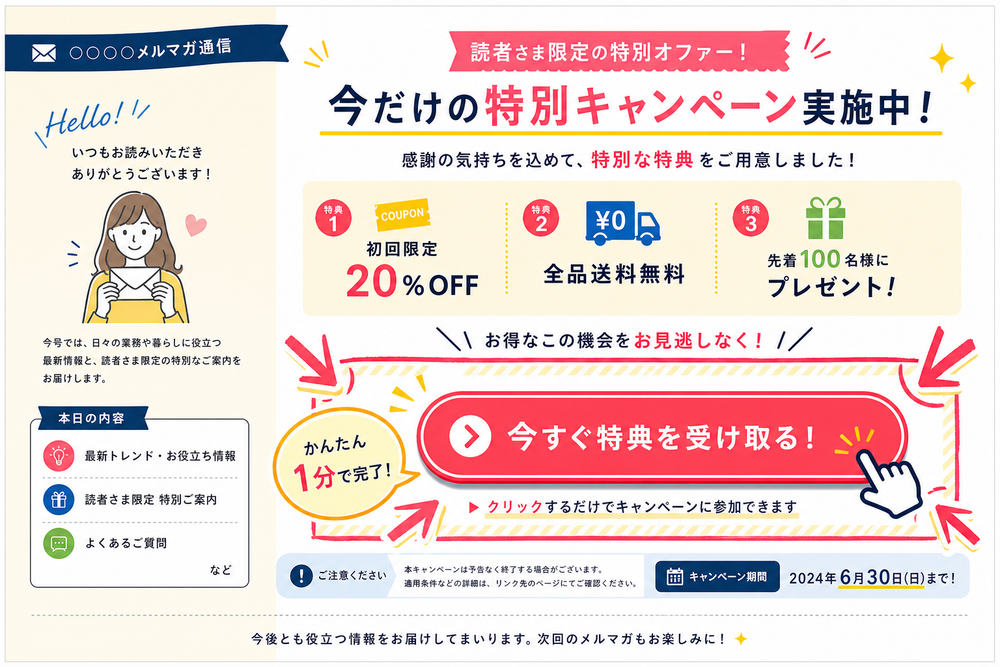 メルマガのレイアウト例イメージ。ボタン風のCTA(クリックを促す文言)の周囲に目立つ囲み枠や矢印装飾が配置されたメール本文デザイン、注目を集めるレイアウト