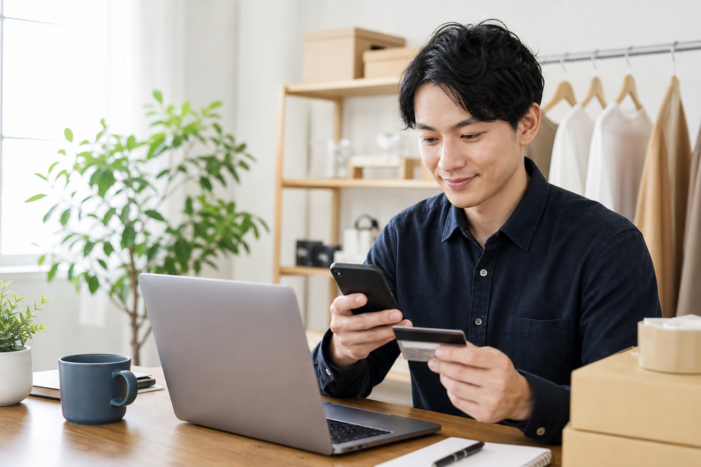 （写真：パソコンやスマホでオンライン決済を利用している個人事業主のイメージ画像を入れる）