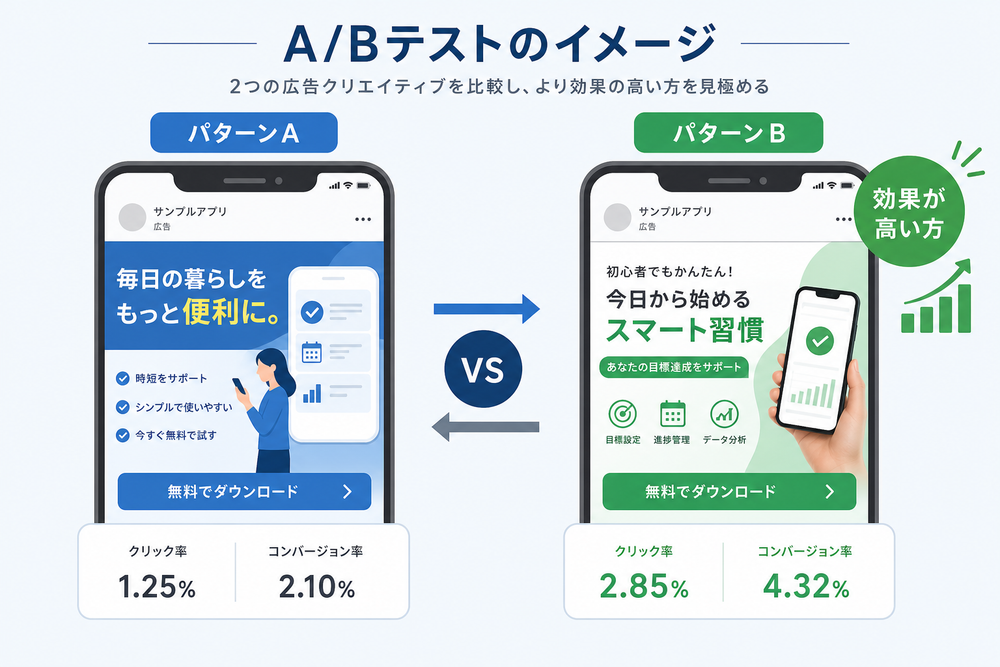 A/Bテストのイメージ図。2つのスマートフォン広告クリエイティブ(パターンA・パターンB)を左右に並べて比較し、間に対比を示す矢印やvsのマークを配置したシンプルなインフォグラフィック。片方に上向きグラフのアイコンを添えて「効果が高い方」を