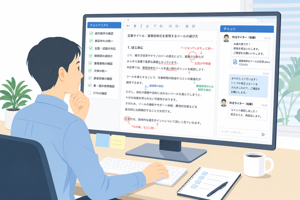 パソコンの前でチャットツールやメールを使い、外注ライターとやり取りしながら原稿をチェックしている様子を描いたビジネスイラスト。画面に文章の校正マークやチェックリストが表示されている、清潔感のあるフラットデザイン。
