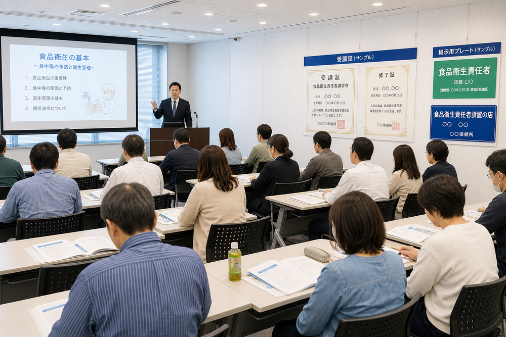 食品衛生責任者講習の会場で受講者が着席し講師の説明を聞いている様子。テーブルにテキストや資料が置かれ、壁に受講証やプレートのサンプルが掲示されているイメージ。清潔感のある明るい会議室風の雰囲気。