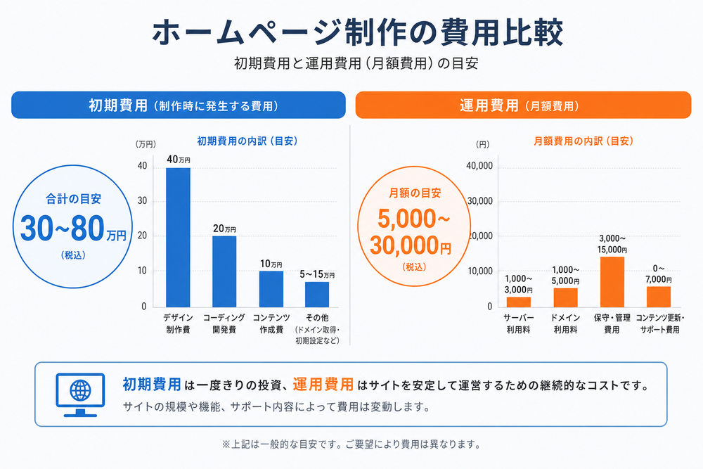 ホームページ制作の初期費用と運用費用（月額費用）を比較するシンプルな棒グラフまたは円グラフのビジネスインフォグラフィック。青とオレンジの2色で費用項目を分かりやすく図解したイメージ