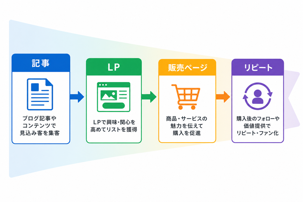 記事→LP→販売ページ→リピートの順に並んだ集客導線の図解。各段階を四角いボックスと矢印でつないだファネル型のフロー図