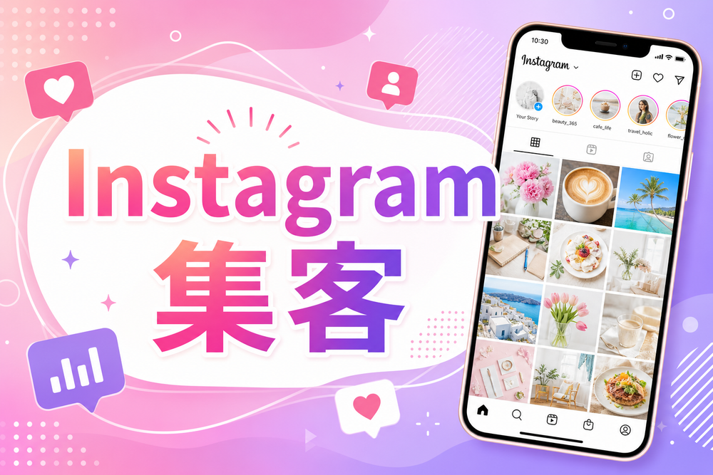 Instagram集客をテーマにした記事のアイキャッチ画像。中央に日本語で「Instagram集客」の文字、その横にスマートフォンの画面モックアップ(写真投稿が並ぶフィード画面風)を配置。明るくポップで清潔感のあるデザイン、ピンクと紫のグラ