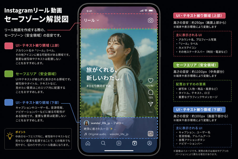 Instagramリール動画のスマートフォン画面表示を模した図解。画面内にセーフゾーン(安全領域)を点線の枠で示し、上下にUIアイコンやテキストが被る領域と被写体を配置すべき中央のセーフエリアを分かりやすく色分けした説明図