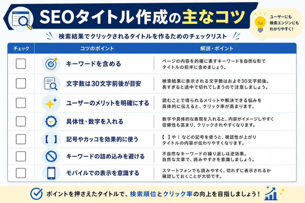 SEOタイトル作成の主なコツを一覧にしたチェックリスト風の図解。チェックボックスと項目が並んだ見やすいデザイン