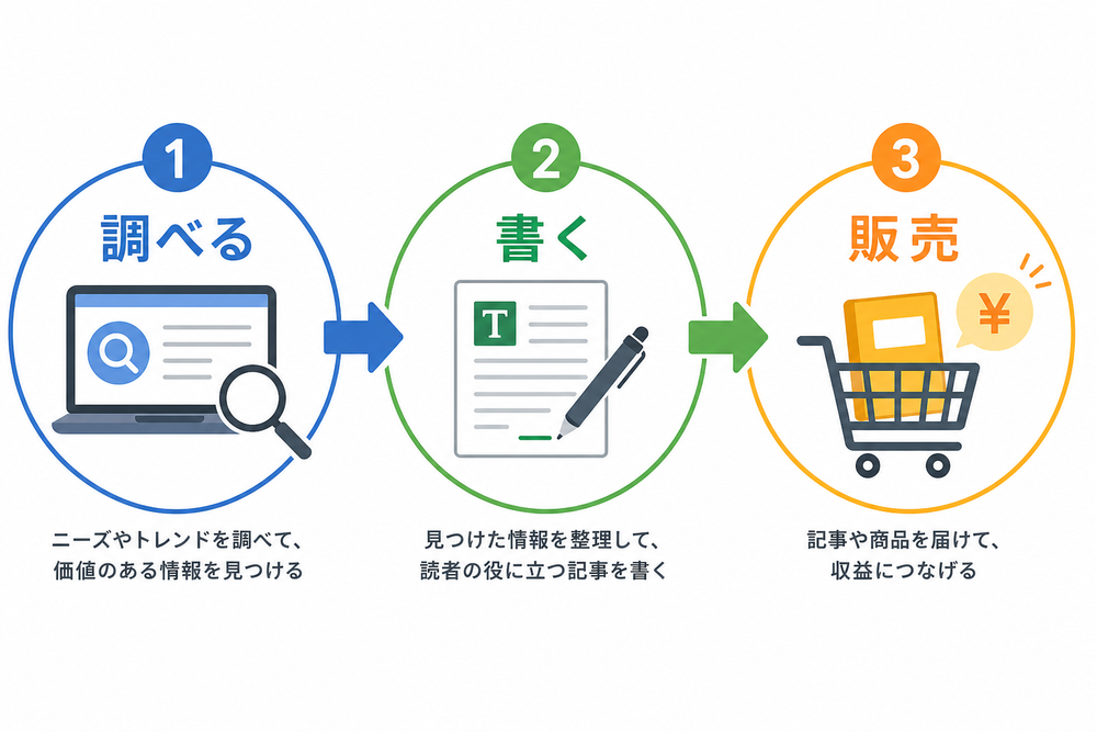 「調べる→書く→販売」の3ステップの流れを矢印でつないだシンプルなフロー図。分かりやすいアイコン付きのインフォグラフィック