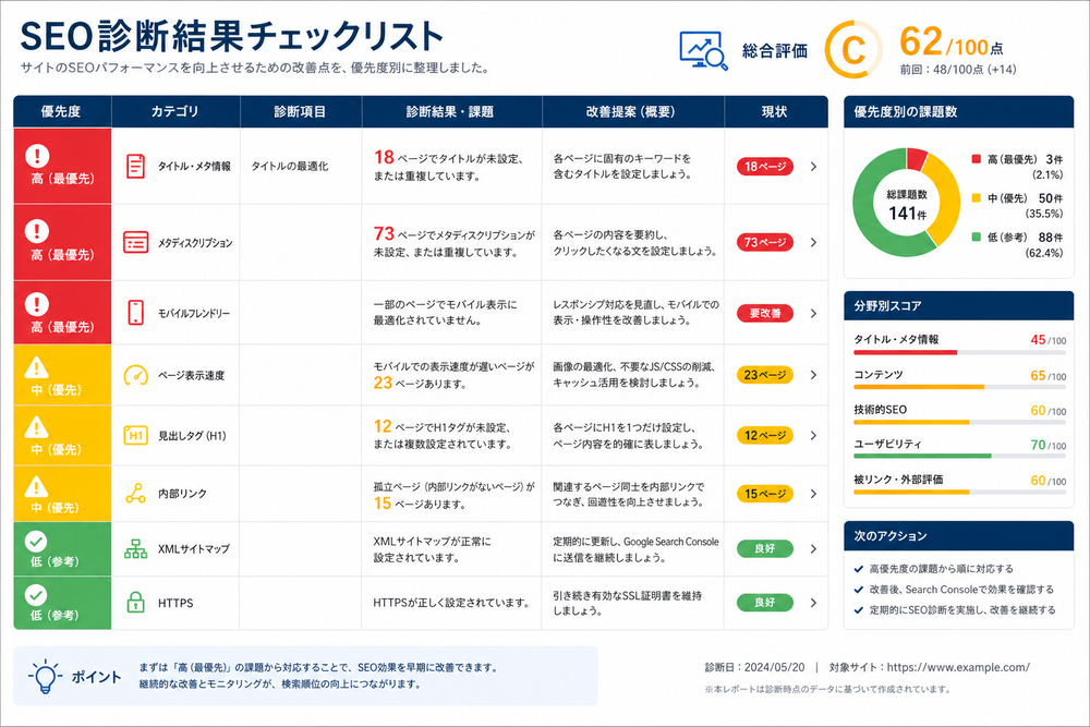 SEO診断結果を赤・黄・緑などの優先度別に色分けして整理したチェックリストや表のイメージ画像、ビジネス資料風デザイン