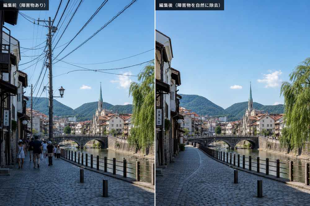 風景写真から不要な通行人や電線などの障害物を消す前後の比較画像、左に障害物ありの元画像、右に自然に除去された編集後画像、左右分割レイアウト