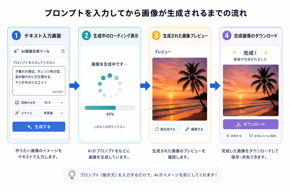 プロンプトを入力してから画像が生成されるまでの流れを4コマ程度のステップで表したイラスト。1: テキスト入力画面、2: 生成中のローディング表示、3: 生成された画像プレビュー、4: 完成画像のダウンロード、という流れを矢印でつないだ図解。