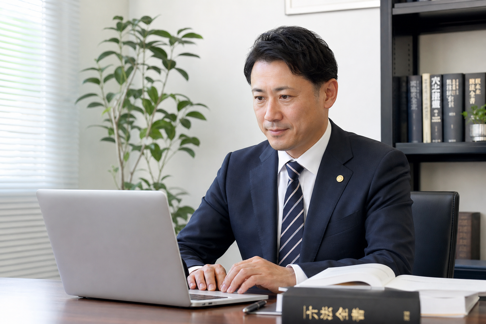 スーツ姿の40代男性の士業の先生がオフィスのデスクでノートパソコンの画面を見ながらホームページを確認している様子。落ち着いた印象の写実的な写真風イラスト、自然光が入る明るいオフィス背景
