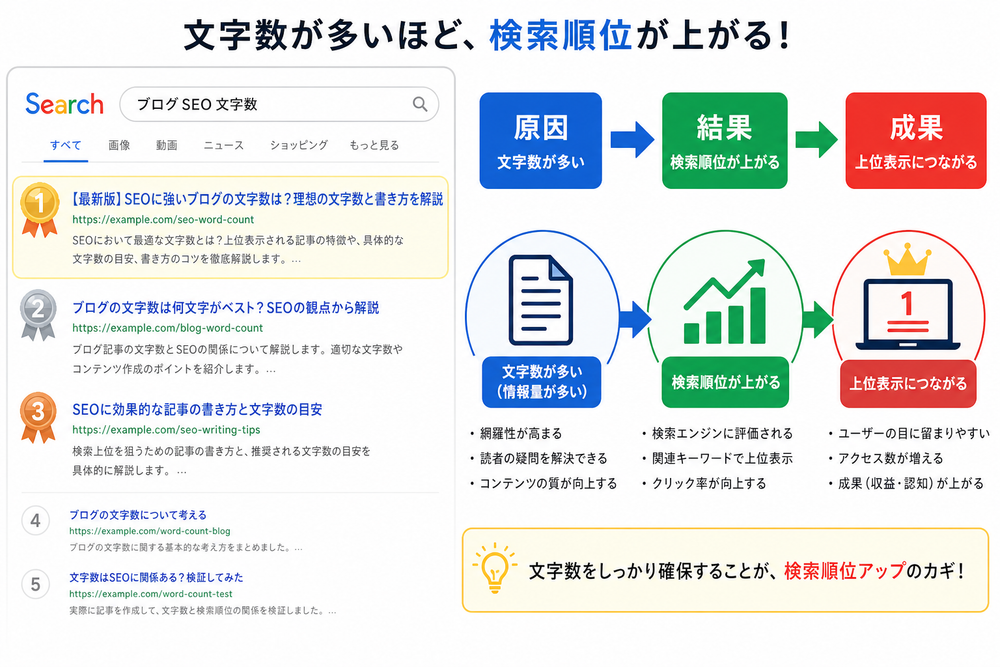 検索エンジンの検索結果画面をイメージした図解。上位に表示される記事と「文字数」が検索順位という結果につながる因果関係を矢印で示したシンプルでわかりやすいインフォグラフィック