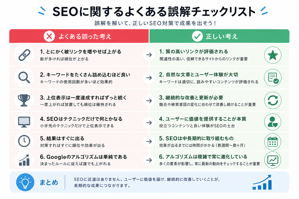 SEOに関するよくある誤解を整理したチェックリスト形式の図解。✕マークで誤った考え、✓マークで正しい考えを対比させたシンプルなインフォグラフィック、フラットデザイン