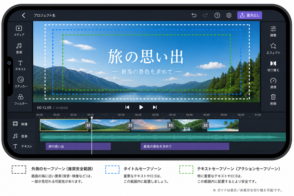 スマートフォンの動画編集画面のイメージイラストで、画面の上下左右にセーフゾーン(安全範囲)を示す点線のガイド枠が表示されている様子。UIモックアップ風のフラットデザイン、わかりやすい図解スタイル