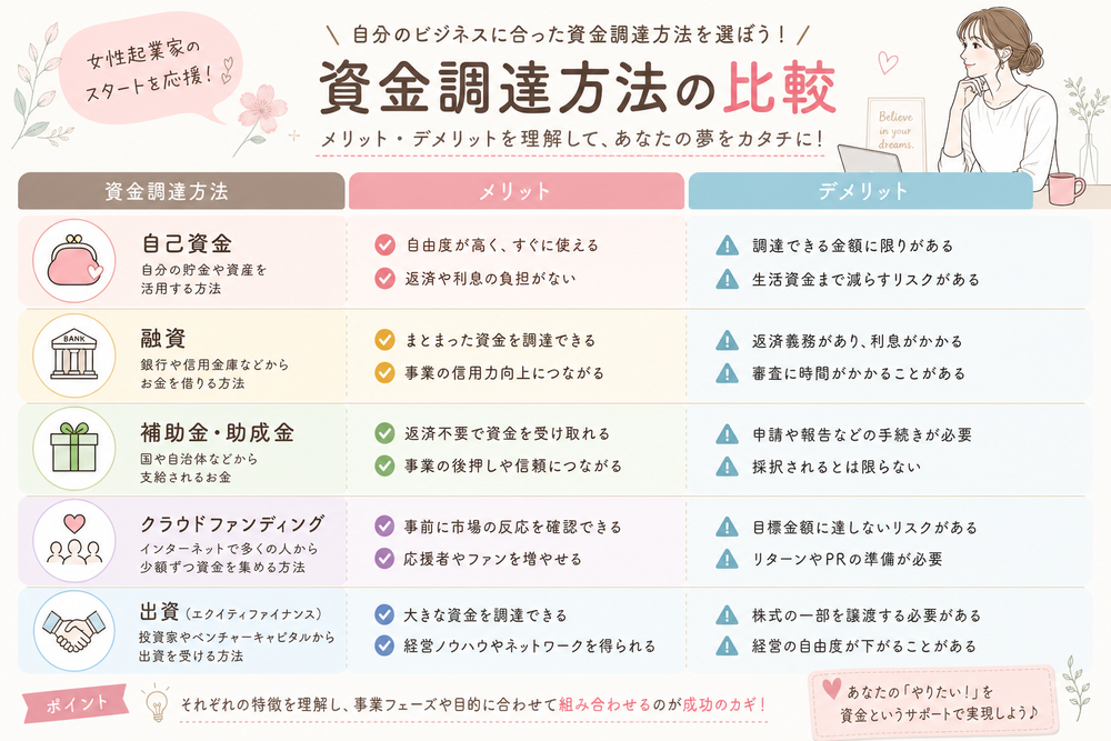 資金調達方法(自己資金、融資、補助金・助成金、クラウドファンディング、出資など)を項目ごとにメリットとデメリットで比較したインフォグラフィック。アイコンと簡潔な図表を使い、パステルカラーで女性起業家向けの柔らかい印象のビジネスデザイン