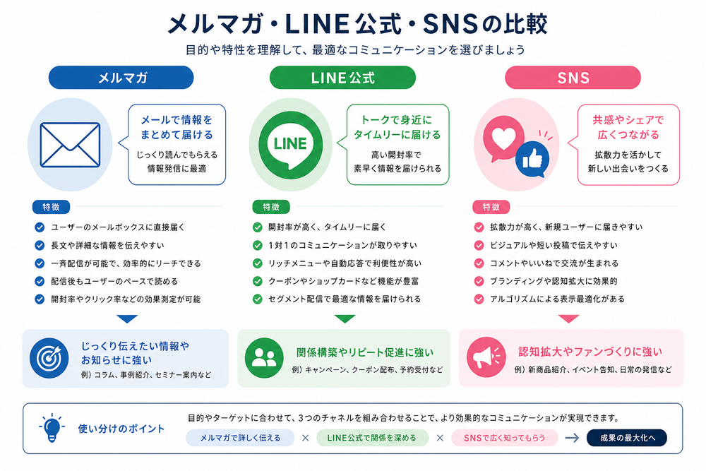 メルマガ・LINE公式・SNSの3つを並べて比較するイメージ図。それぞれのアイコン(封筒、LINEの吹き出し、SNSのハートやいいねマーク)と特徴を示す矢印や吹き出しを配置し、シンプルでビジネス向けのフラットデザインにする