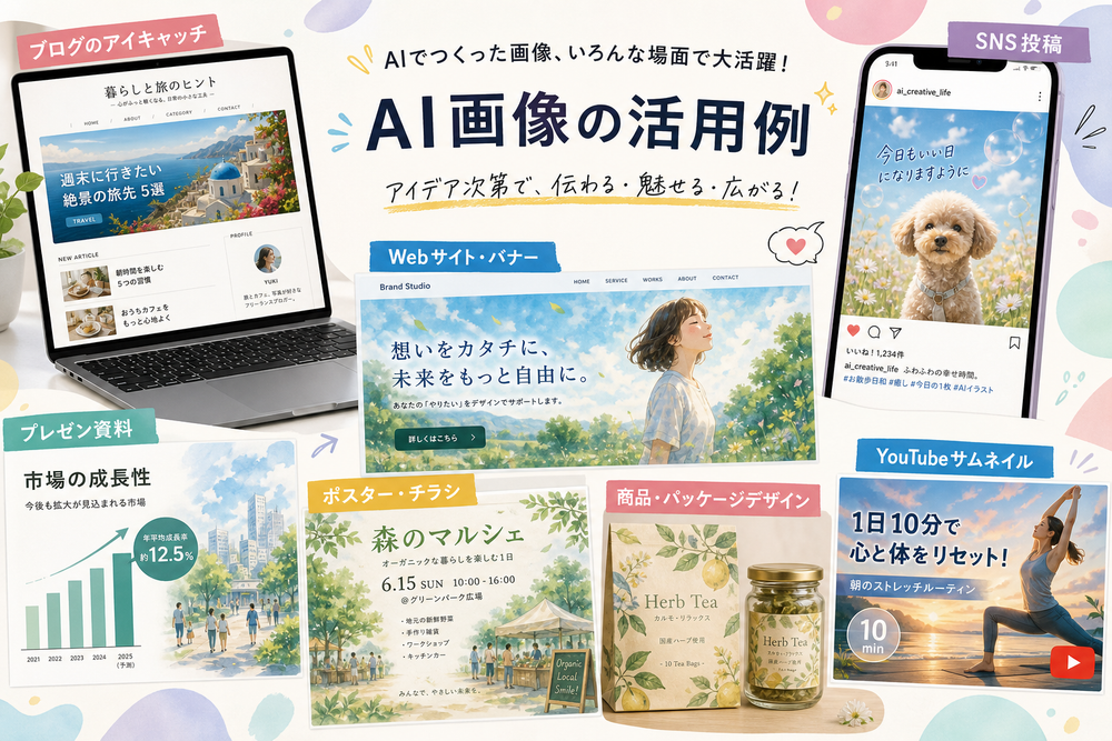 AIで生成した画像の活用例を並べた図。ブログのアイキャッチ、SNS投稿、プレゼン資料などにAI画像を使っている様子を複数並べたコラージュ風イラスト