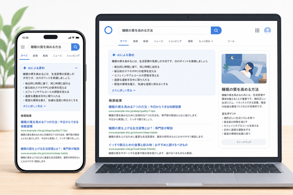 スマートフォンとパソコン画面に日本語の検索キーワードが入力され、その下にAIによる要約ボックスと検索結果が表示されているイメージイラスト(実在サービスのロゴや商標は入れない)