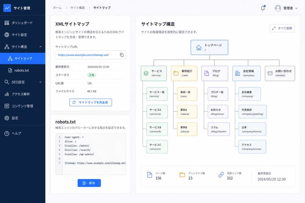XMLサイトマップやrobots.txtの設定画面を模したスクリーンショット風イラスト、またはウェブサイトの階層構造を示すサイトマップ図、テクノロジー系の清潔感あるデザイン