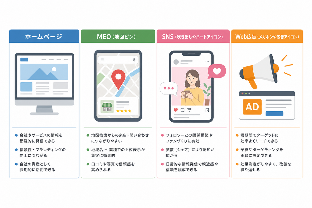 ホームページ・MEO（地図ピン）・SNS（吹き出しやハートアイコン）・Web広告（メガホンや広告アイコン）の4つを横並びに比較表形式で示したフラットデザインのアイコンイラスト、白背景、ビジネス資料風
