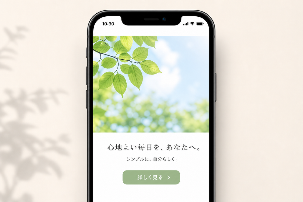 文字量を少なくし大きな画像を配置したメールマガジンのレイアウトサンプル。上部に大きな写真バナー、下部に短いキャッチコピーとボタンがあるシンプルで見やすいデザイン、スマートフォン画面イメージ