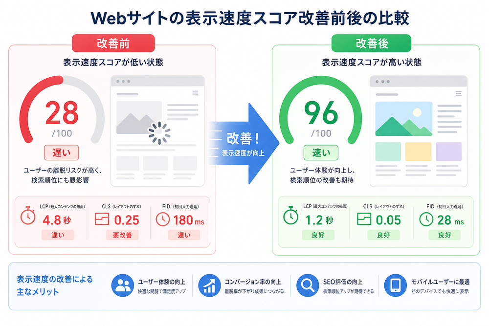 Webサイトの表示速度スコアの改善前後を比較するイメージ図。左側に低いスコア（赤色メーター）、右側に高いスコア（緑色メーター）を並べ、矢印で改善を示すインフォグラフィック風イラスト