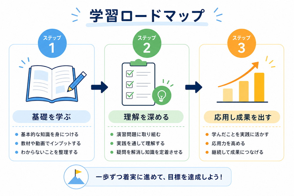ステップ1→2→3と矢印でつながる学習ロードマップを表した図解イラスト。シンプルで見やすいインフォグラフィック風