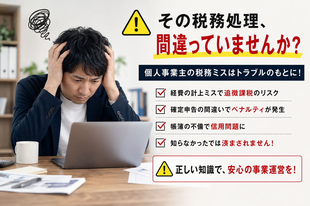（写真：頭を抱えている個人事業主のイラストや、注意を促すイメージ画像を入れる）